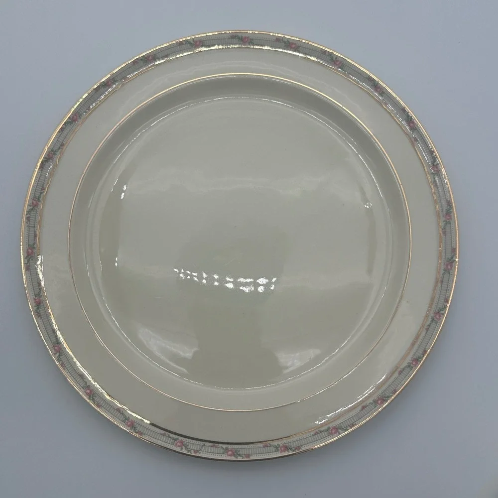Taylor Smith Taylor Dinner Plates Set of 4 Pink Rose Gold Trim Ivory Vintage